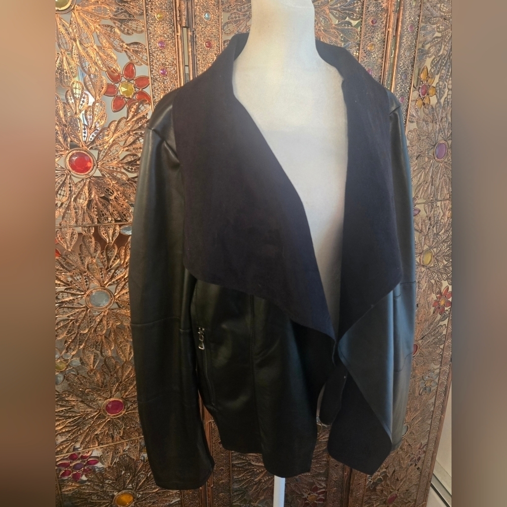 Moto Biker Black Faux Leather Open Draped Jacket Womens Size XL